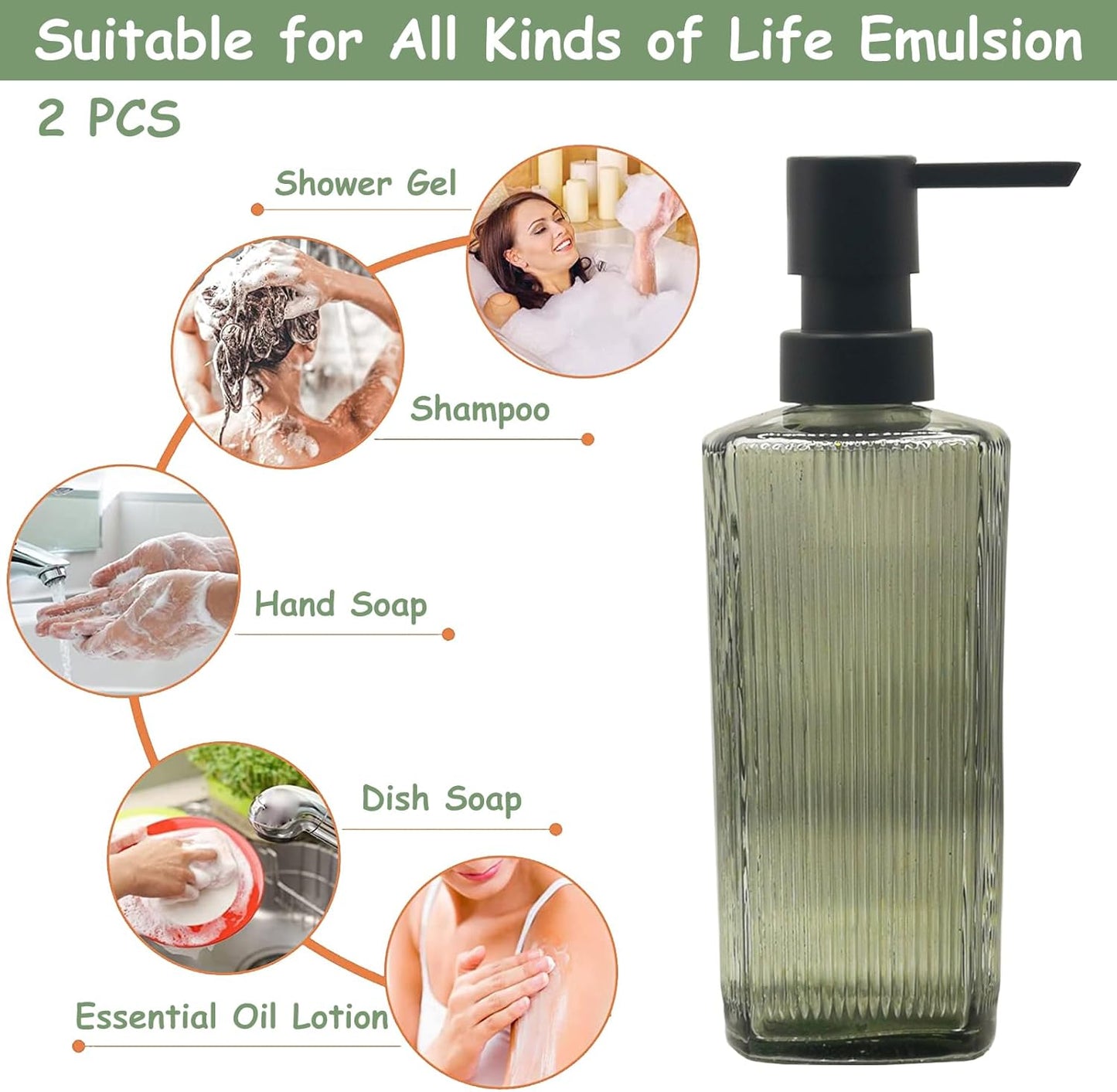 Green Glass Soap Dispenser Set with Black Pump, 12oz Hand Dish Lotion Dispenser, Refillable Liquid Soap Dispenser for Modern Home Decor, Bathroom, Kitchen Countertop, Hotel(2 Pack)