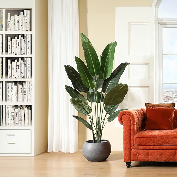 Artificial Bird of Paradise Plants 6 Ft Fake Tropical Palm Tree with 13 Trunks in Pot and Woven Seagrass Belly Basket Perfect Faux Plant for Home Indoor Outdoor Office Modern Decor Green 1Pc…