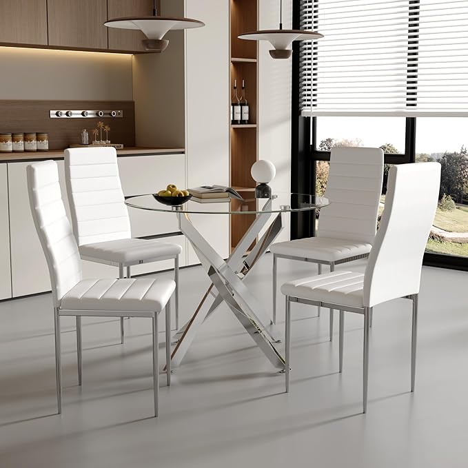 Round Glass Dining Table with Chromed Crossed Legs, 31.5" Modern White Glass Kitchen Table for Dining Room Kitchen, Silver