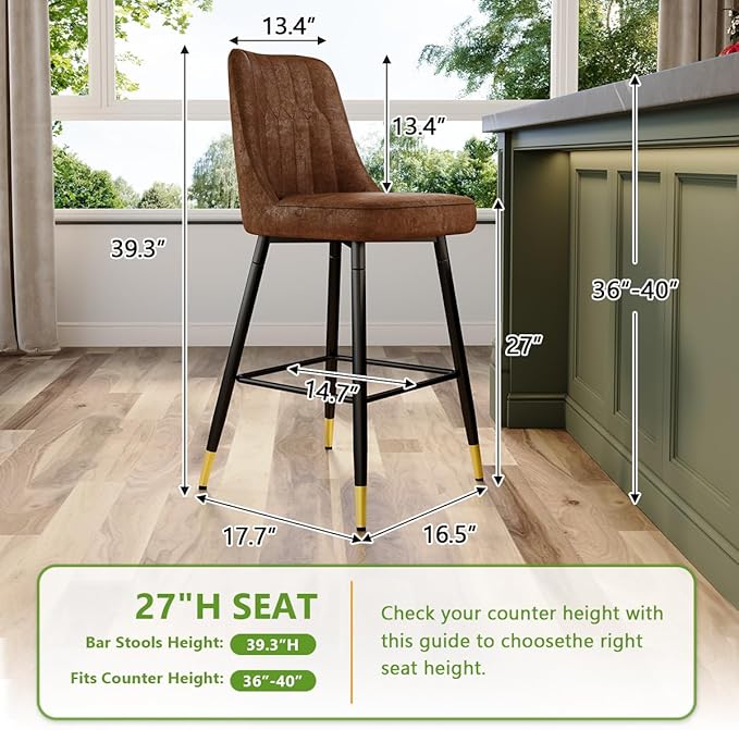 27" Bar Stools Set of 4 - Counter Height Bar Stools Set of 4,Faux Leather Kitchen Island Stools with Sturdy Chrome Metal Leg,Counter Height Stools with Backs,Easy to Assemble