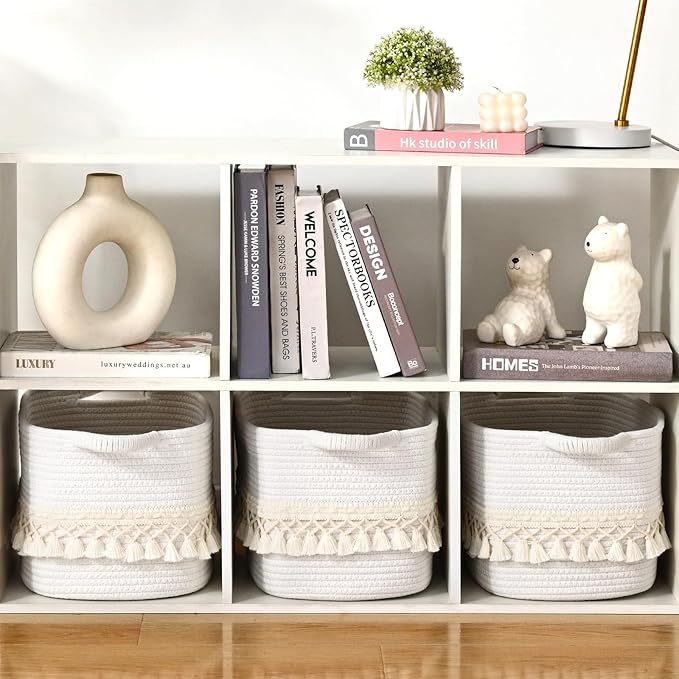 2 Pack Storage Basket for Shelves, Boho Cotton Rope Storage Bins with Heavy Tassel, Shelf Baskets Large Woven Baskets for Organizing, Cube Organizer Bins, Baby Laundry Basket for Clothes, Toys, Pets