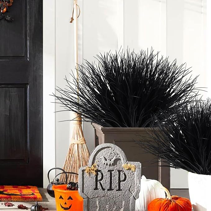 Fake Black Plants,Artificial Grass Fake Plants Outdoor Plants UV Resistant Black Greenery Stems Fake Grass Halloween Plants for Window Garden Patio Pathway Front Porch Halloween Décor 12Pcs(Black)