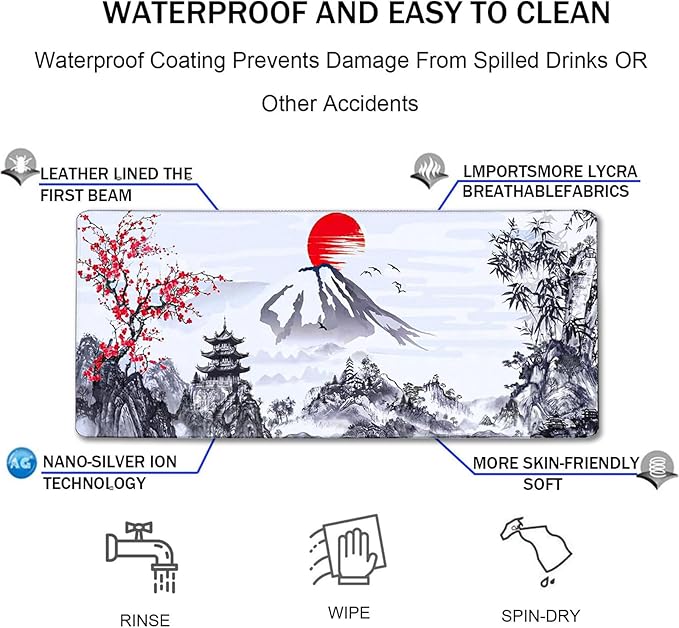 Gaming Mouse Pad Ink Pattern, 31.5x15.7 Inch Waterproof Computer Big Mousepad Non-Slip Mouse Mat Rubber Base and Stitched Edges for Game Players, Office, Study, Esports Pros, Home