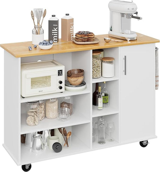 Shintenchi 47”W Kitchen Storage Island Cart with 6 Open Shelves and 1 Cabinet, Portable Trolley Cart with Wood Work Top and Handle/Towel Rack, White