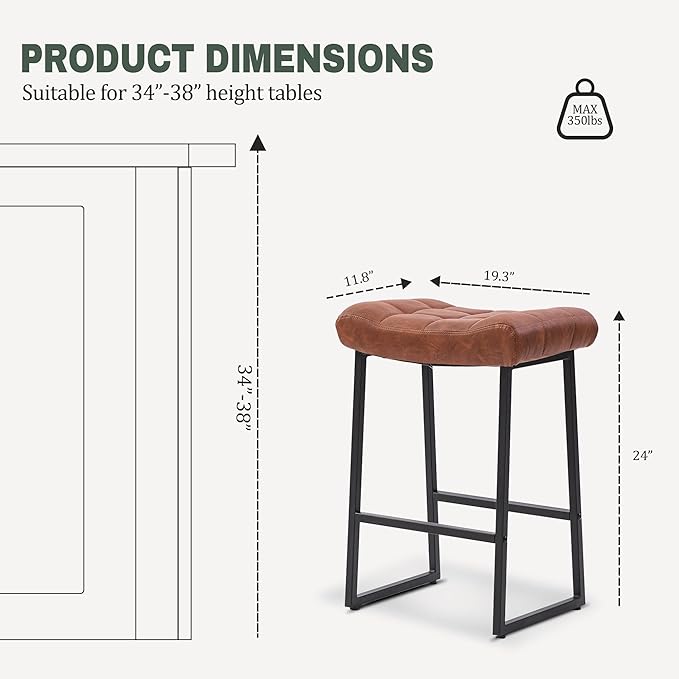 Modern Bar Stools Set of 2 for Kitchen Counter 24 inch Counter Height Backless Barstools with Upholstered Faux Leather Saddle Seat and Metal Frame Industrial Bar Chairs, Brown