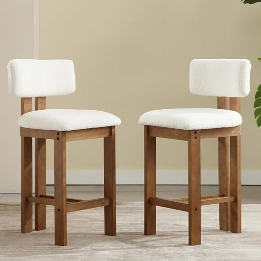 Upholstered Farmhouse Counter Height Bar Stools Set of 2 White Sherpa Barstools with Back/Solid Wood Legs, Modern Bar Chairs for Kitchen Island/Home Bar/Pub, 26 Inch