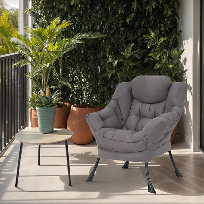 Welnow Lazy Chair for Living Room, Modern Reading Lounge Accent Chair with Armrests and a Side Pocket, Leisure Upholstered Lazy Sofa for Small Space, Bedroom, Dorm, Dark Grey