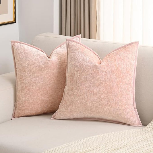 FUTEI Pink Chenille Throw Pillow Covers 16x16 Inch Set of 2,Soft Cozy Bound Edge Design Cushion Case,Home Decor for Couch Bed Living Room
