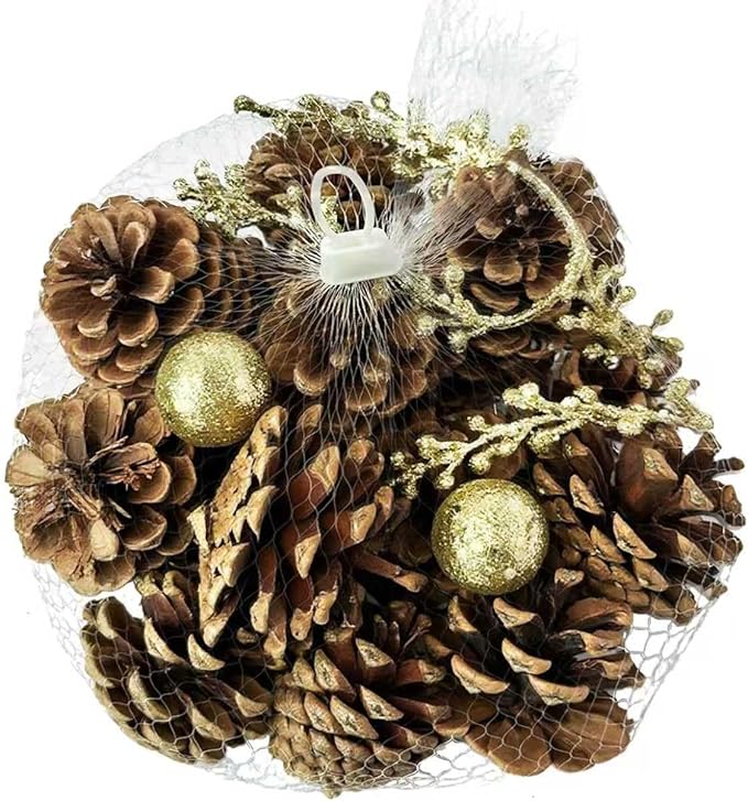 Qingbei Rina Bowl Fillers Vase Fillers, Natural Pinecones for Crafts,Medium Rustic Pine Cone Ornaments with Golden Balls&Berries, Holidays Farmhouse Home Decor