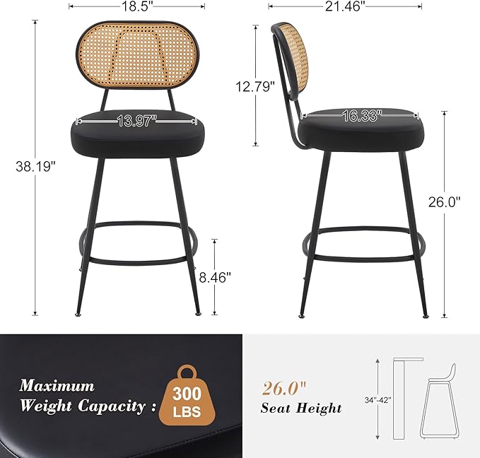 26" Rattan Barstools Set of 2, Counter Height Bar Chair with Black Metal Legs, Modern Armless PU Leather Pub Chair,Adjustable Feetpads Stools for Home Counter,Kitchen Dining Island,Cafe(Black)