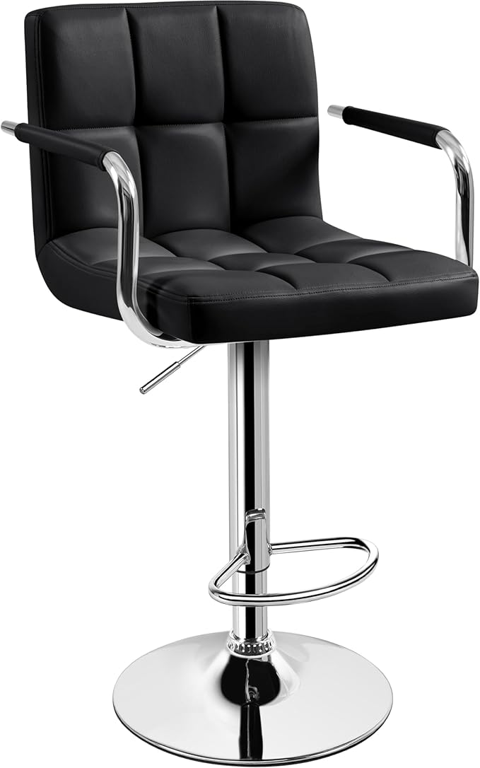 Yaheetech Bar Stools, PU Leather Adjustable Swivel Barstools, Hydraulic Kitchen Counter Height Bar Chairs with Armrest and Back for Kitchen, Dining Room, Black