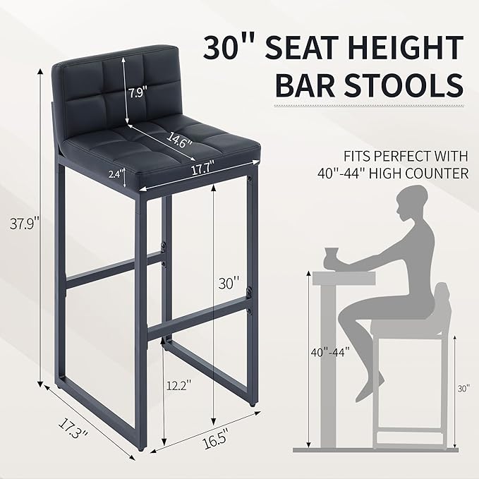Bar Stools Set of 3, PU Leather Bar Height Barstools, 30" High Top Bar Stools with Back and Thickened Metal Legs, Upholstered Island Chairs for Kitchen Island (Black, 3Pcs 30" Bar Stools)