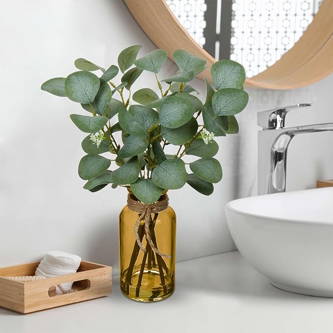Briful Artificial Eucalyptus Stems in Amber Glass Vase with Faux Water, 14" Fake Plant Eucalyptus Leaves for Home Office Farmhouse Wedding Centerpiece Décor