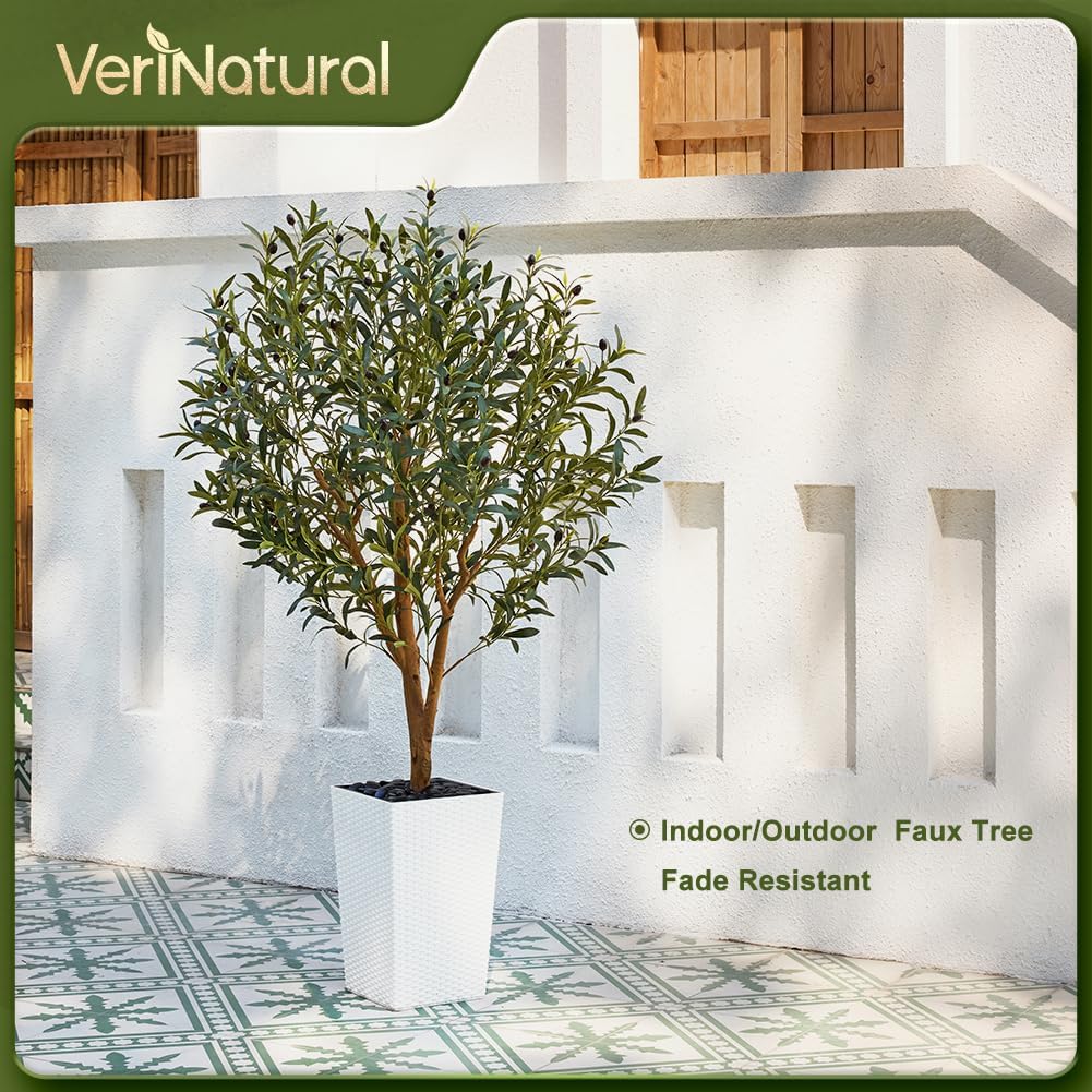Artificial Olive Tree 5FT, Faux Olive Trees with Real Wood Trunk, UV Resistant Fake Plants in Planter & River Rocks, Indoor Tall Silk Plant for Home Living Room Office Outdoor Decor, VN133