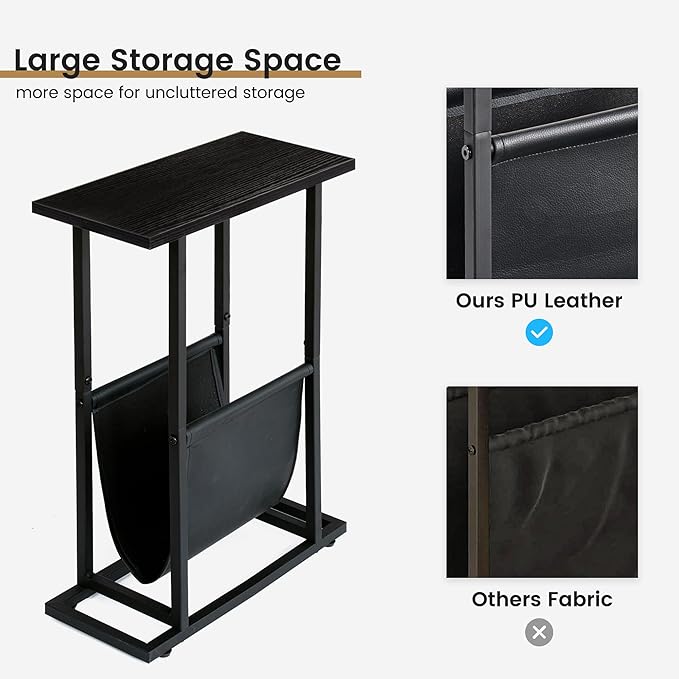 Narrow Side Table with PU Leather Magazine Holder Rustic Slim Little Thin Table for Living Room, Bedroom, Sofa, Black
