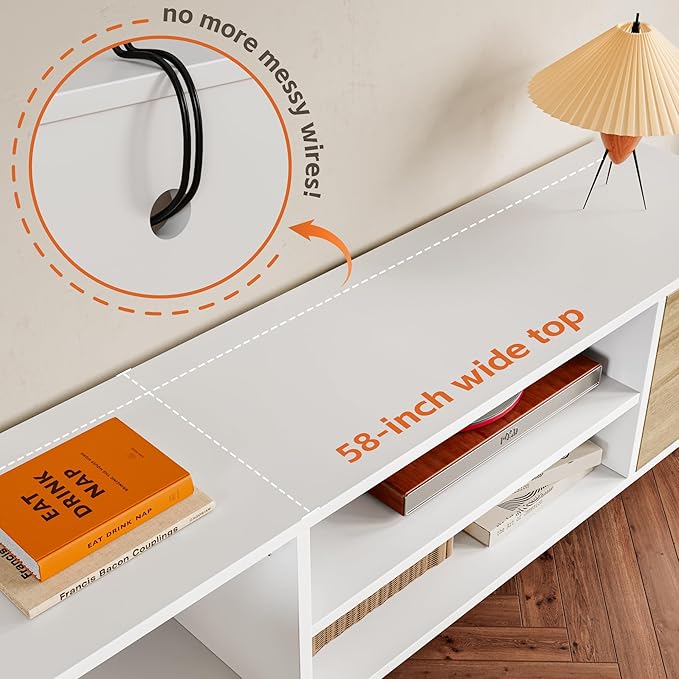 YESHOMY Modern TV Stand for 65" Television, Entertainment Center with Two Storage Cabinets and Open Shelves, Retro Style Media Console for Living Room, Bedroom, Office, 58 Inch, White and Beige