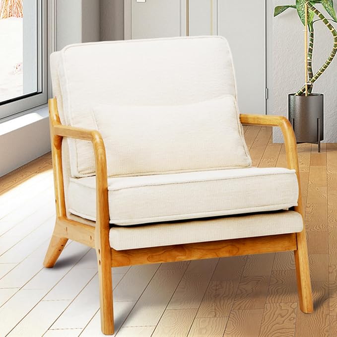Modern Accent Chair with Lumbar Pillow, Relaxing Mid Century Chair Armchair with Solid Wood Frame & Soft Cushion, Reading Leisure Armchair for Living Room, Beige