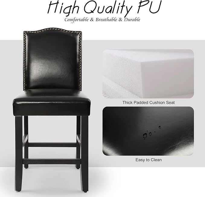 LSSPAID Counter Height Bar Stools Set of 4, 23.5 Inch Pu Upholstered Barstools, Kitchen Island Chairs with Bronze Nail Backrest and Solid Wood Legs for Kitchen Pub Home Cafe, Black