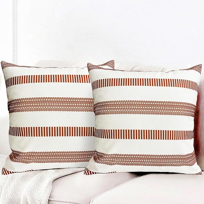 Decorative Throw Pillow Covers Set of 2 Coffee Boho Striped Pillow Covers 16x16 Inch Throw Pillow Cover Linen Pillowcase Farmhouse Outdoor Pillow Covers for Couch Sofa Bed Living Room