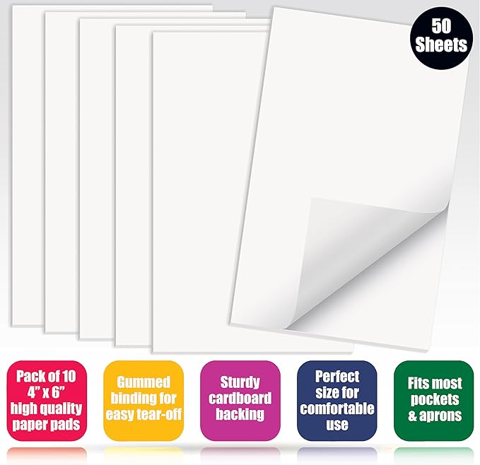 Better Office Products Blank Scratch Note Pads, 4" x 6" Pads, Server Notepads, 50 Sheets per Pad, Memo Pads, Gummed Binding for Easy Tear-off (10 Pack)
