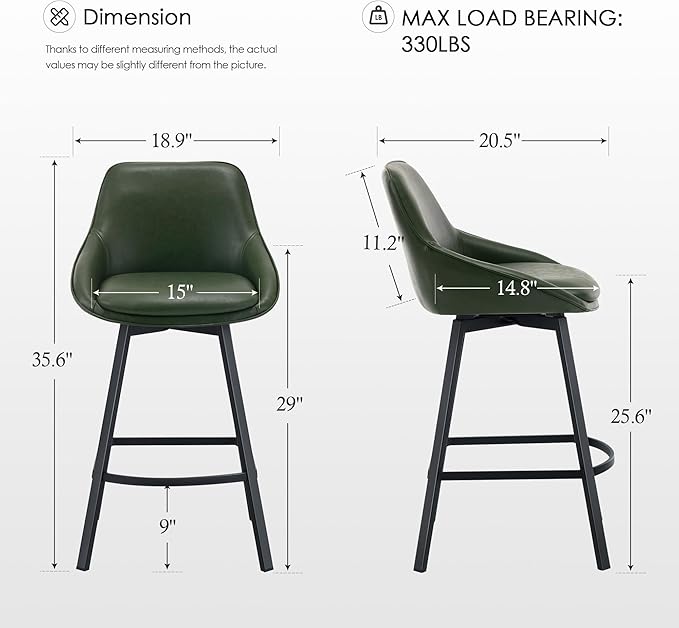 Zesthouse Swivel Counter Height Stools Set of 2, Modern Upholstered Barstools with Backs, 26'' Faux Leather High Chairs for Island Kitchen, Counter Height Chairs with Metal Legs, Green