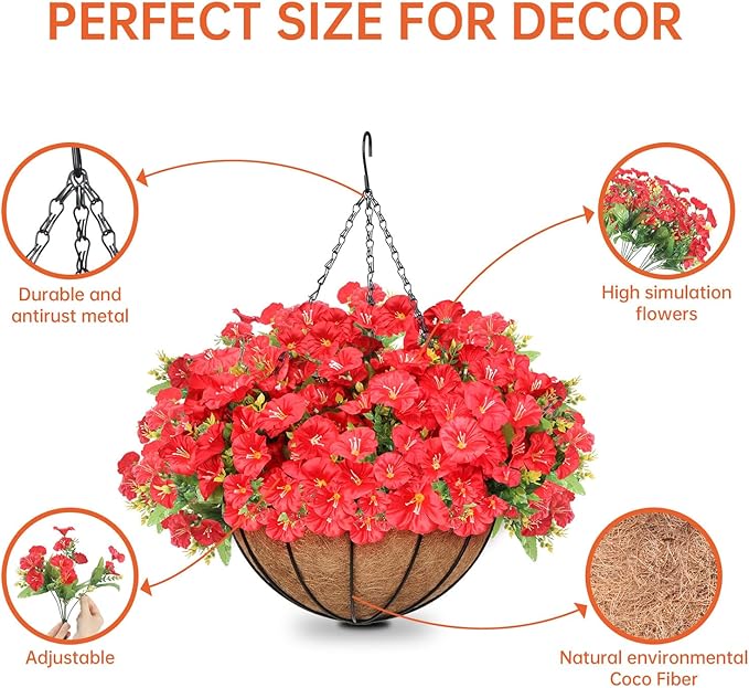 Artificial Hanging Flowers Basket, Fake Plants, for Spring Summer Outdoor Decoration, Faux Silk Petunias Eucalyptus,UV Resistant, Coconut Planter wtih Morning Glories, for Porch Garden Decor (Red)