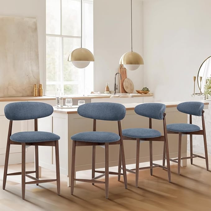 COLAMY Upholstered Counter Height Bar Stools, Kitchen Island Chairs with Back, Modern Counter Stools with Wood Legs for Kitchen Dining Room, Blue