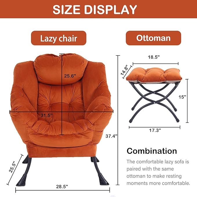 LITA Lazy Chair with Ottoman, Modern Lounge Accent Chair with Armrests and a Side Pocket, Leisure Upholstered Sofa Chair Set, Reading Chair with Footrest for Small Space, Corner Chair,Orange