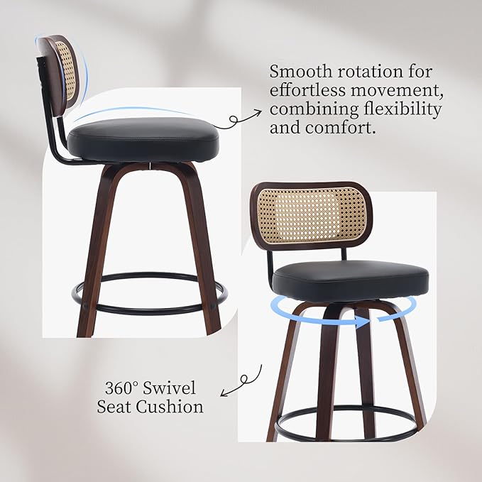 Swivel Counter Height Bar Stools Set of 4, 26 inch Bar Chairs with Curved Rattan Back, Upholstered PU Leather, Walnut Craftsmanship, Mid Century Modern Counter Stools for Kitchen Counter, Black