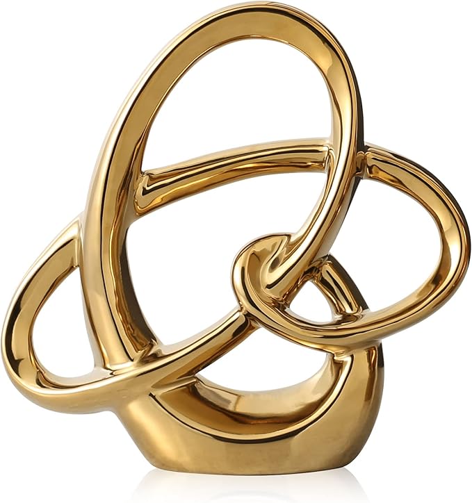 Modern Gold Knots Decor Ceramic Statue - Abstract Home Accent & Tabletop Figurine for Living Room, Bedroom, Bathroom, Office, Shelf, Mantel - Wedding, Coffee Table, Dining Room Centerpiece Decoration