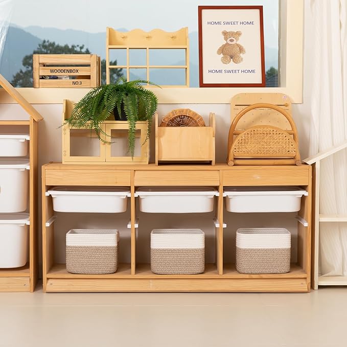 OIAHOMY 9”x9”x7” Storage Cubes, Cotton Rope Woven Baskets for Organizing, Cube Storage Bin, Small Gift Basket for Shelf, 3-Pack, Brown&White