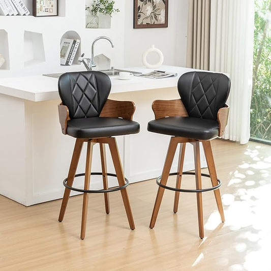 26.7” Swivel Bar Stools Set of 2,Black Faux Leather Counter Height Stools with Armrest and Fishtail-Shaped Back,Mid Century Modern Barstools,Walnut Bar Chair for Kitchen Island or Home Bar