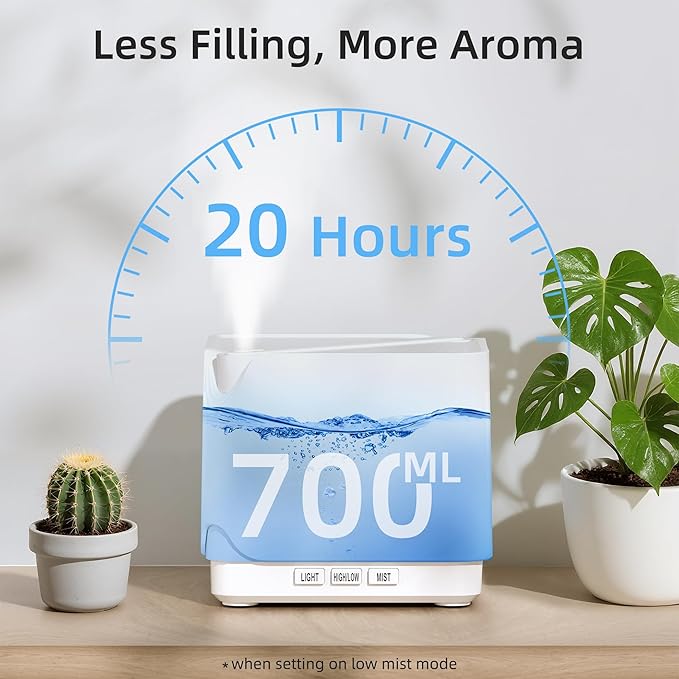 ASAKUKI Essential Oil Diffuser, Multifunctional Ultrasonic Aromatherapy Fragrant Oil Vaporizer Humidifier with Timer, Auto-Off Safety Switch, and 7 LED Light Colors, 700 ml (White)