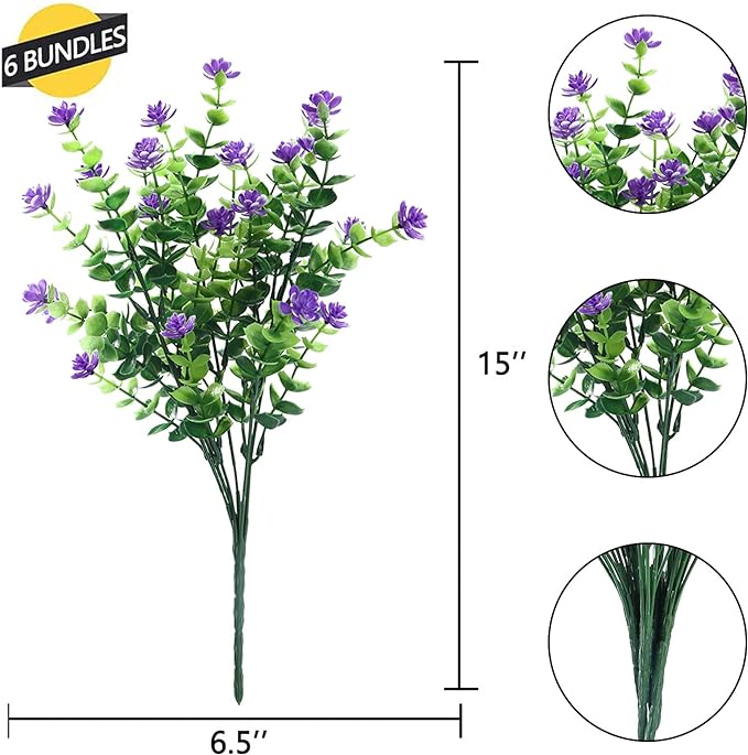 GREENRAIN Artificial Flowers Outdoor Fake Flowers for Decoration UV Resistant No Fade Faux Plastic Plants Garden Porch Window Box Décor (6 Bundles, 3#Purple)