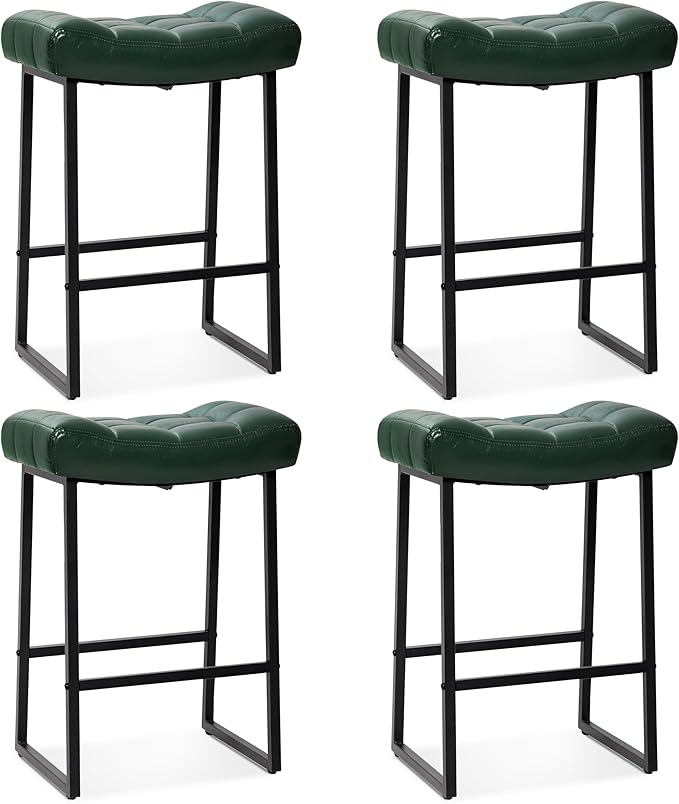 Modern Bar Stools Set of 4 for Kitchen Counter 24 inch Counter Height Backless Barstools with Upholstered Faux Leather Saddle Seat and Metal Frame Industrial Bar Chairs, Dark Green