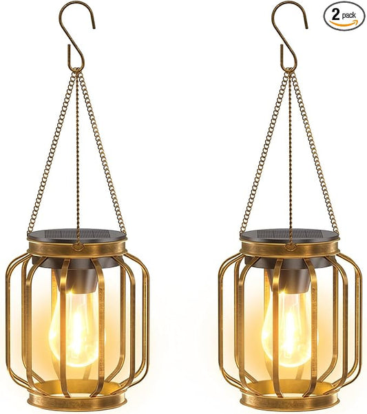 Solar Lanterns, Upgraded Metal Outdoor Lights, Brighter Hanging Solar Lights for Outside Waterproof, Auto On/Off Warm White Lighting for Yard, Garden, Patio, Pathway Decor (Bronze, 2 Pack)
