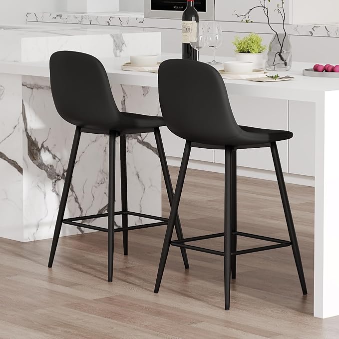Black Barstools Set of 2, 24.6" Counter Height Bar Stools with Back & Metal Footrest, Modern Island Chairs Set of 2 for Kitchens Island Home Bar