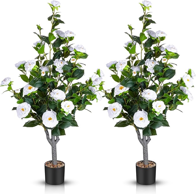 Jexine 2 Pack 40" Artificial Tree with Camellia, Fake Tree with 36 Blooming Flowers, Flower Plants Tree Faux Floral Plant Tree in Cement Pot for Indoor Outdoor Office Home Porch Decor (White,40")