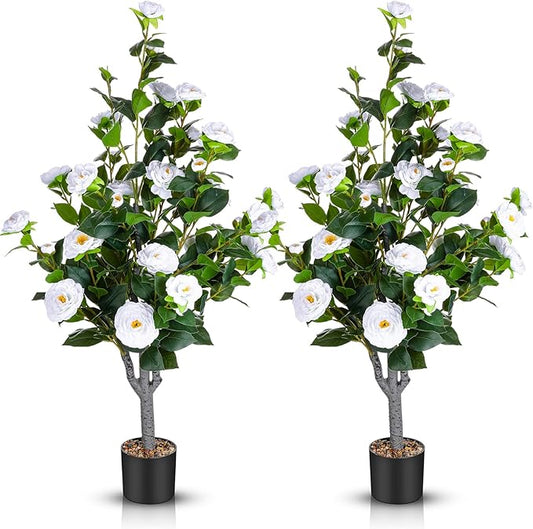 Jexine 2 Pack 40" Artificial Tree with Camellia, Fake Tree with 36 Blooming Flowers, Flower Plants Tree Faux Floral Plant Tree in Cement Pot for Indoor Outdoor Office Home Porch Decor (White,40")
