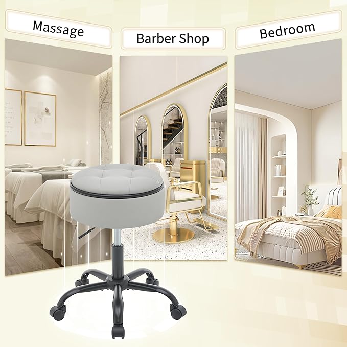 Rolling Chair (Stool & Small Table in One) (Adjustable Height Leather Pedicure Chair 20.67"-24.61"), Gray Tattoo Stool with Storage