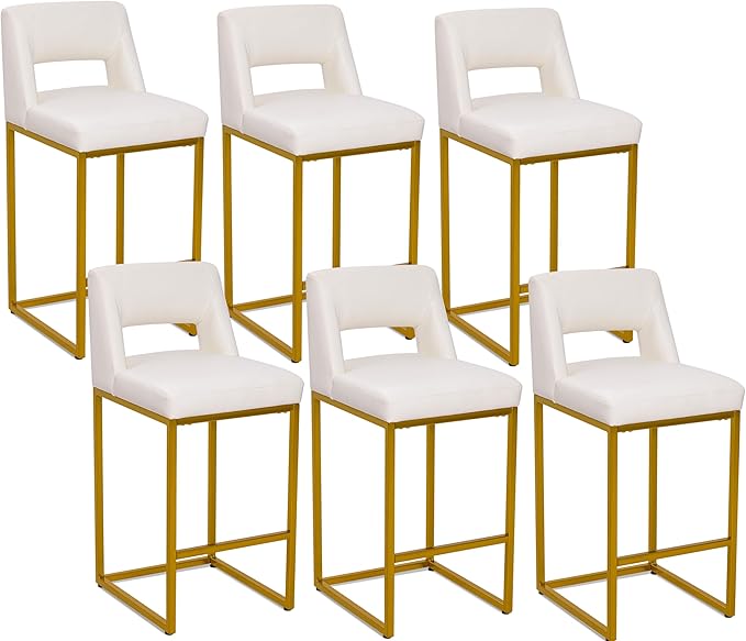 White and Gold Counter Height Bar Stools Set of 6 for Kitchen Counter Modern Bar Chairs with Backs for Kitchen Island with Upholstered Faux Leather Seat and Metal Frame, 26 Inch