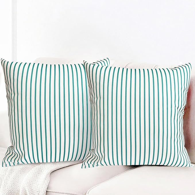 Decorative Throw Pillow Covers Set of 2 Teal Blue Striped Pillow Covers 18x18 Inch Throw Pillow Cover Linen Pillowcase Modern Farmhouse Outdoor Pillow Covers for Couch Sofa Bed Living Room