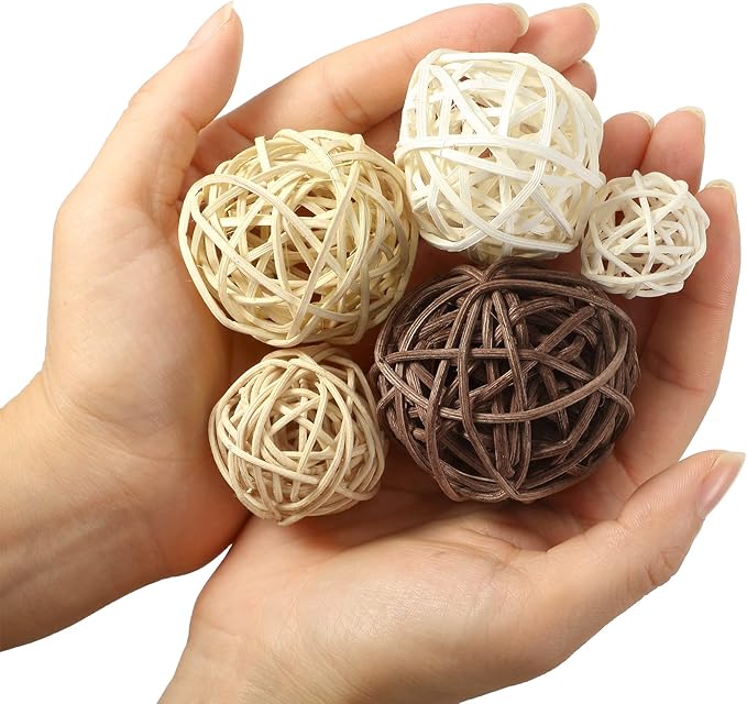 Patelai 36 Pcs Wicker Rattan Balls Decorative Balls for Vase Centerpiece Bowls Orbs Filler for Home Decor,4 Sizes(White, Wood Color, Light Tan, Coffee)