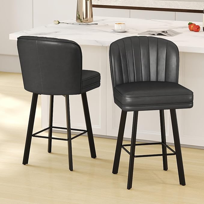 Swivel Counter Height Bar Stools Set of 3, 26'' Modern Barstools with Backs and Metal Legs, Upholstered Bar Chairs, Faux Leather Black Stools for Kitchen Island Chairs