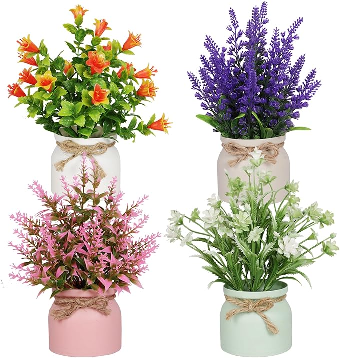 4pcs Artificial Pot Flowers Small Fake Plants with Pot Mini Potted Plants for House Office Tabletop Decoration