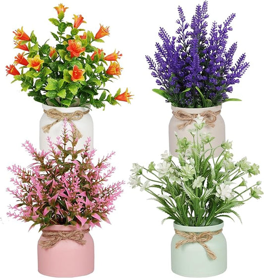 4pcs Artificial Pot Flowers Small Fake Plants with Pot Mini Potted Plants for House Office Tabletop Decoration