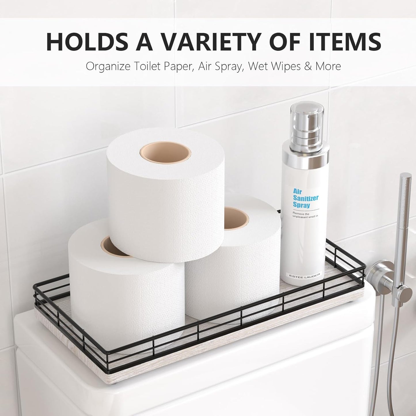 Toilet Paper Basket Organizer – Ash Wood Toilet Tank Tray with Metal Frame, Back of Tank or Top Bathroom Counter Storage – Black & Farmhouse White Modern Decor