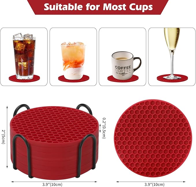 Silicone Coaster Set of 16 with Holder, Drinks Coasters, Suitable for Hot or Cold Cups, Anti-Slip, Non-Stick, Anti-Overflow Tabletop Protection and Decor (Wine Red, 16 Pcs)