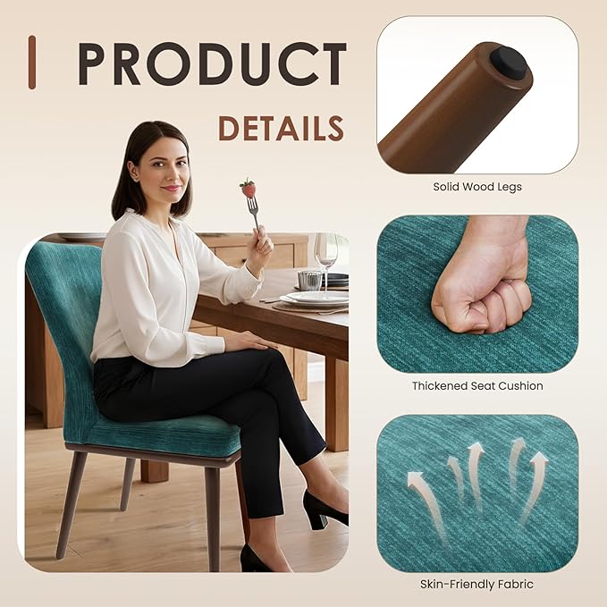 Modern Dining Chairs Set of 4, Upholstered Kitchen Chairs with High Back, Padded Fabric Dining Room Chair with Solid Wood Legs for Restaurant/Cafe/Home, Green