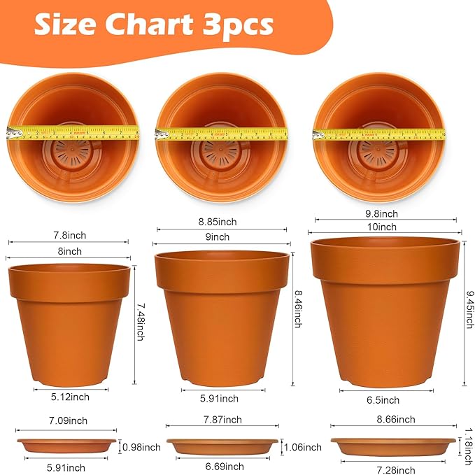 3-Pack 8/9/10 Inch Plastic Plant Pots with Saucers – Durable BPA-Free Planters with 21 Drainage Holes, Raised Bottom Breath and Bottom Watering Design for Indoor & Outdoor – Orange